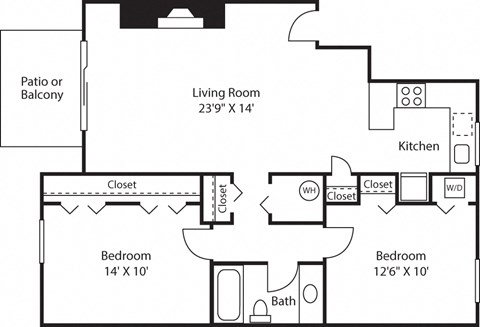 Floor plan for 2 beds, 1 bath, 1000 sqft
